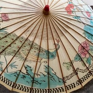 Hand-Painted Japanese Bamboo Rice Paper Parasol with Peacock/Floral Design
